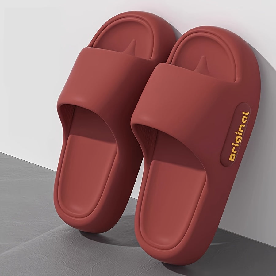 Stylish solid color slippers with soft soles, ideal for indoor use. Made with EVA material that's easy to clean in the machine.