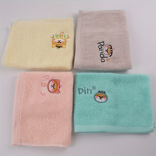 Three 25x25cm cotton blend washcloths with cartoon animal embroidery in contemporary design, 85% cotton and 15% polyester, 450 GSM.