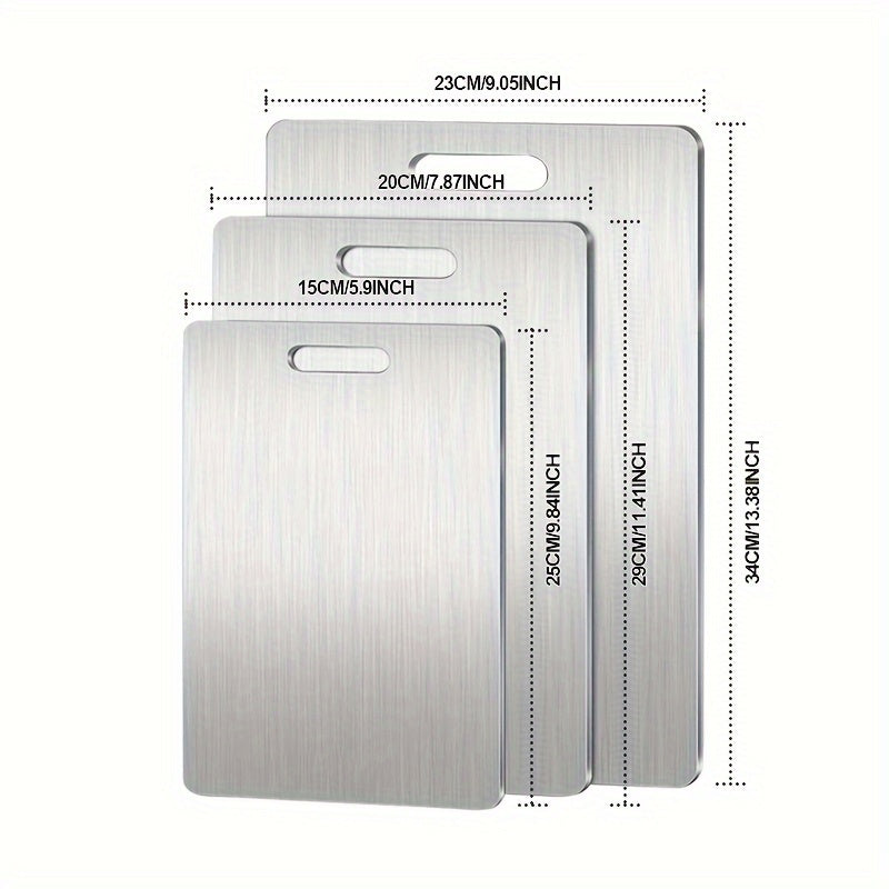 Set of 3 Stainless Steel Cutting Boards, Dishwasher Safe, Dual-Sided for Multiple Cooking Needs, Dimensions 24.99*14.99cm, 28.98*19.99cm, 33.99*22.99cm.