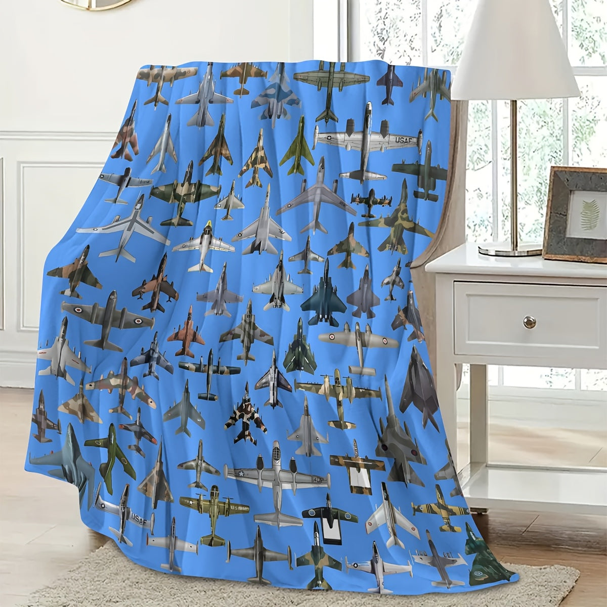 Flannel fleece throw blanket featuring a contemporary military jet aircraft pattern - Perfect for aviation enthusiasts! Hypoallergenic, stain resistant, and suitable for all seasons. Made of soft knit polyester fabric with a high-quality digital print.