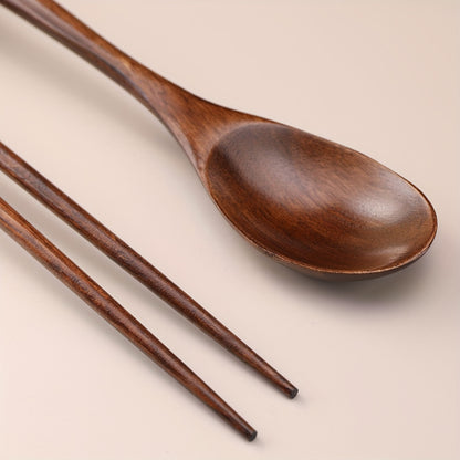 Portable wooden spoon and chopsticks set ideal for camping, travel, picnics, RVs, and office use. Durable utensils for rice, noodles, and porridge. Suitable for home, restaurant, and wedding use. Chopsticks are reusable.