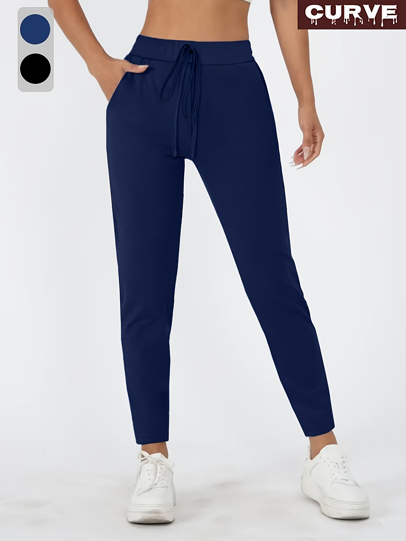 Women's plus size solid color straight leg pants with pockets, drawstring, and relaxed fit for casual wear.