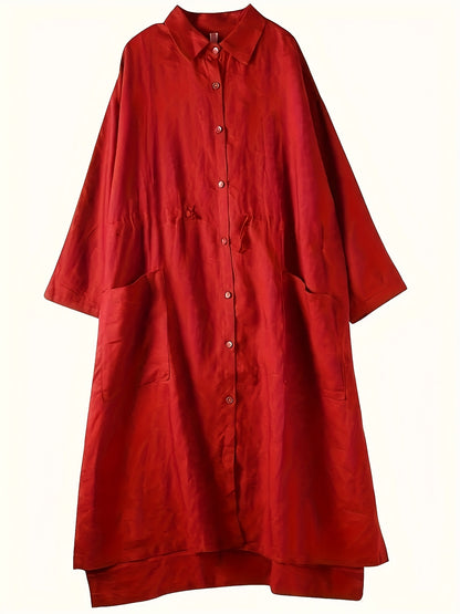 Red linen shirt dress with casual loose fit, button detail, non-stretch fabric, machine washable, part of spring collection.