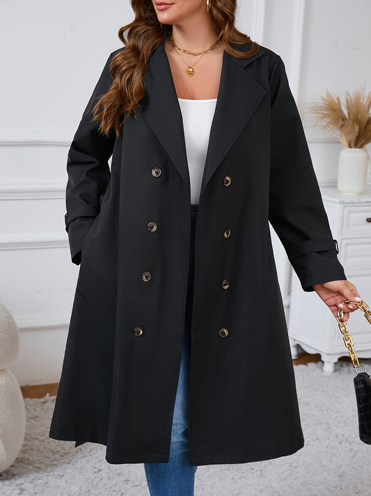 Plus size trench coat in casual style, made of 100% polyester with a double-breasted design. Features long sleeves, solid color, and lapel collar. Regular fit, non-stretch woven fabric