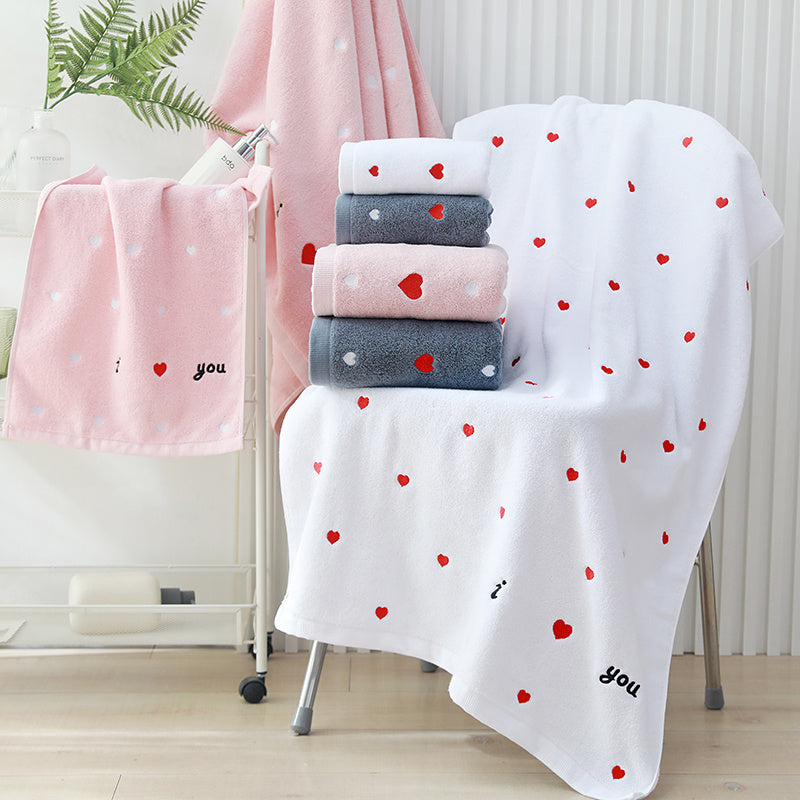 1 Set Valentine's Day Couples Towel, Heart Embroidery Design, Thick Pure Cotton Material, Includes 1 Towel + 1 Bath Towel