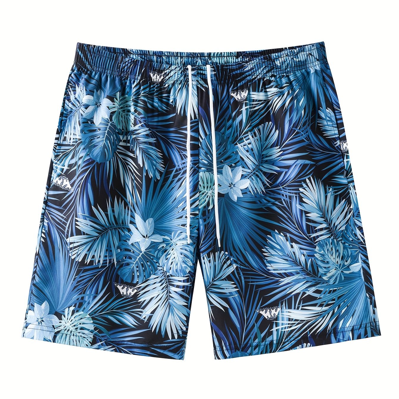 Tropical trees print board shorts for big and tall men, perfect for summer and outdoor sports.