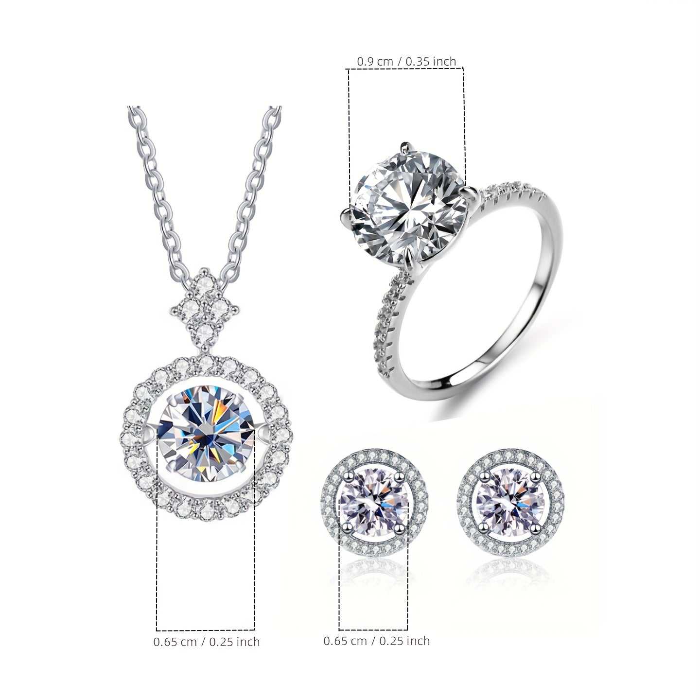 Set of 4 Moissanite Earrings (1ct each)*2, 1ct Moissanite Ring, and 3ct Moissanite Necklace in 925 Sterling Silver. Available in Multiple Colors with Gift Box