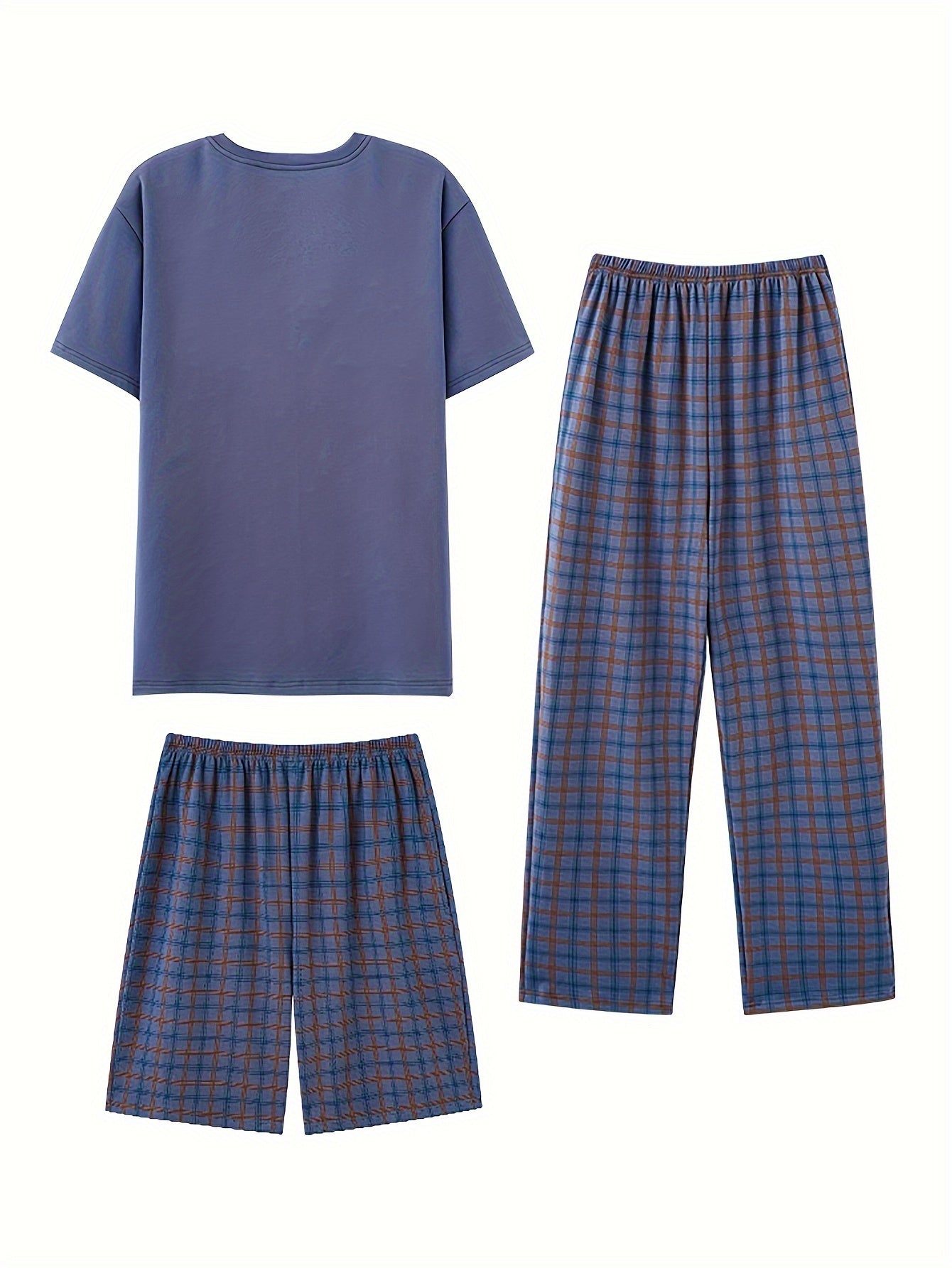 Men's casual short sleeve crew neck stripe pajama set in polyester elastane knit fabric with front pocket. Includes classic plaid shorts and trousers. Suitable for all seasons nightwear