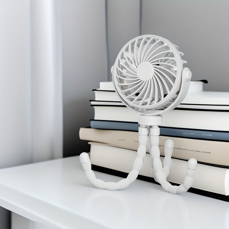 Handheld USB Rechargeable Fan with Octopus-Style Design - Portable and Adjustable 3-Speed Airflow for Indoor and Outdoor Use.