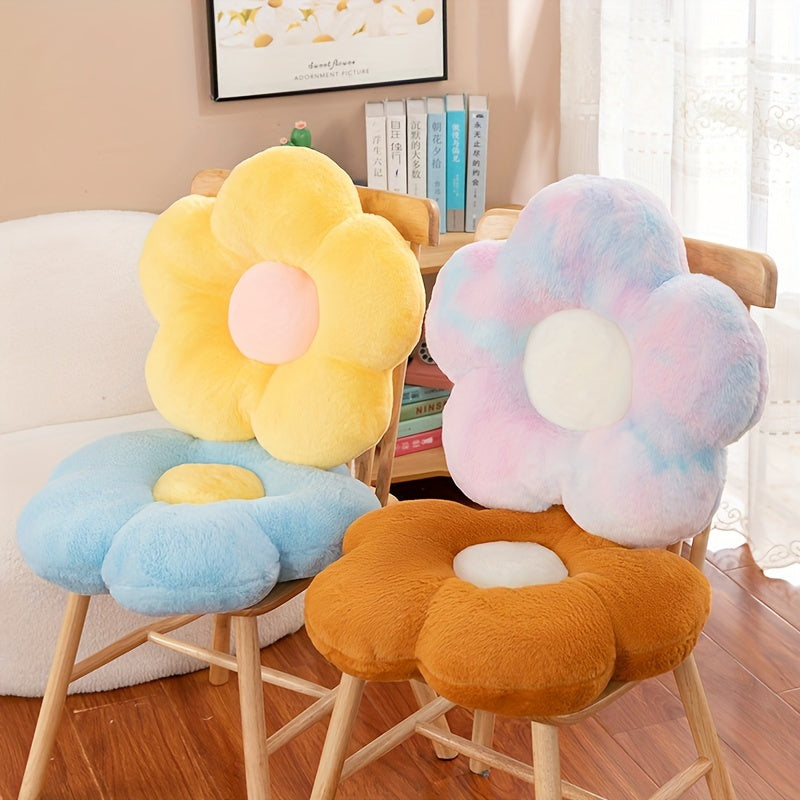 Cute flower plush pillow seat cushion in yellow, pink, and blue. Machine washable, cozy seating addition for home decor and reading spaces. Soft acrylic filling and decorative pillows in contemporary floral design.