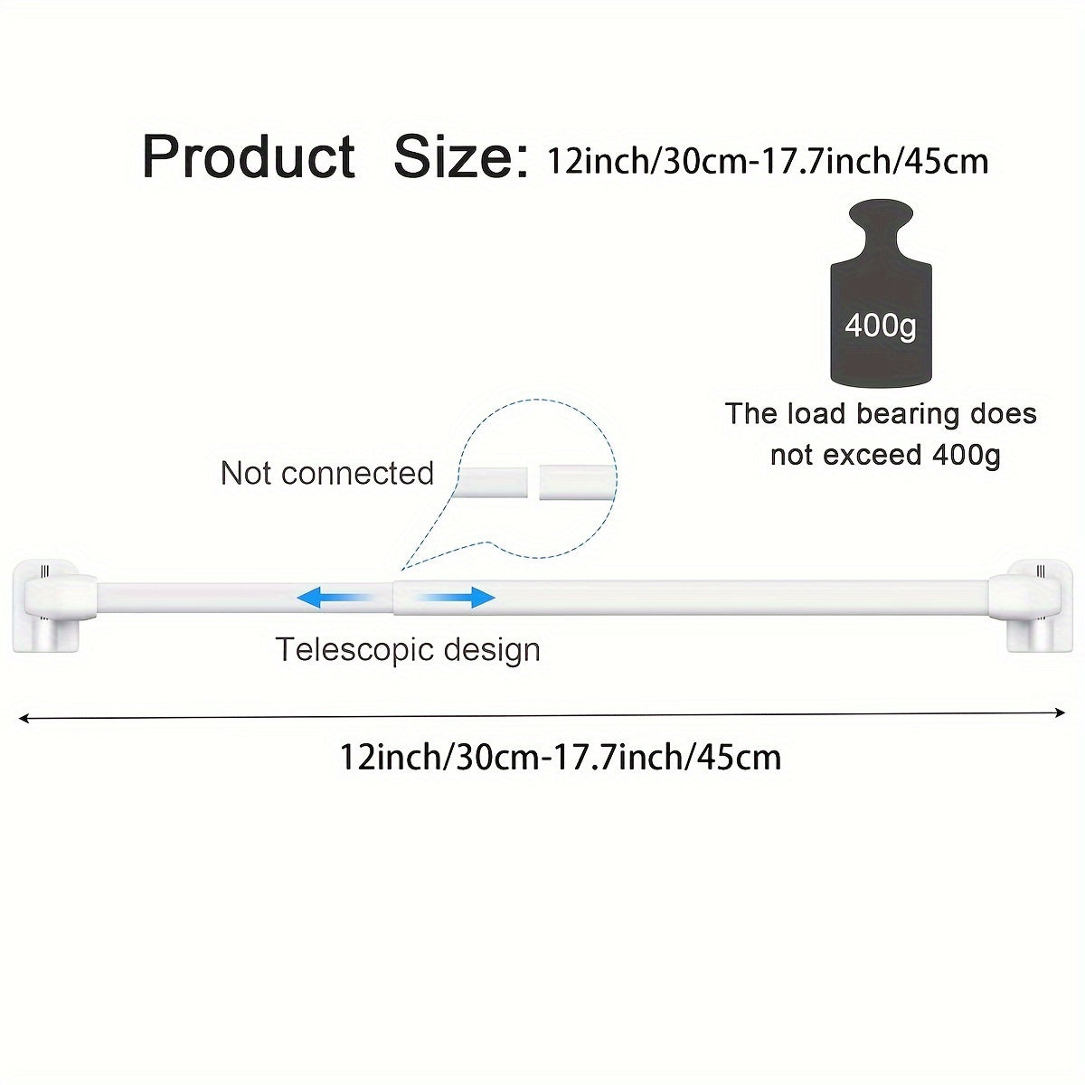 Two small curtain rods with retractable and adjustable features, includes four 7-shaped screws and five adhesive plastic supports.