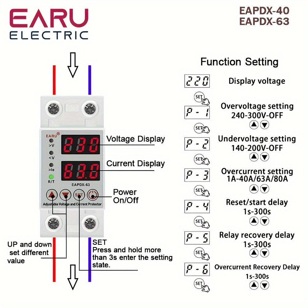 1pc 40A/63A 230V Din Rail adjustable over/under voltage protector relay with hardwired power mode, operating voltage of 85V-265V, no battery needed, adjustable power supply voltage.