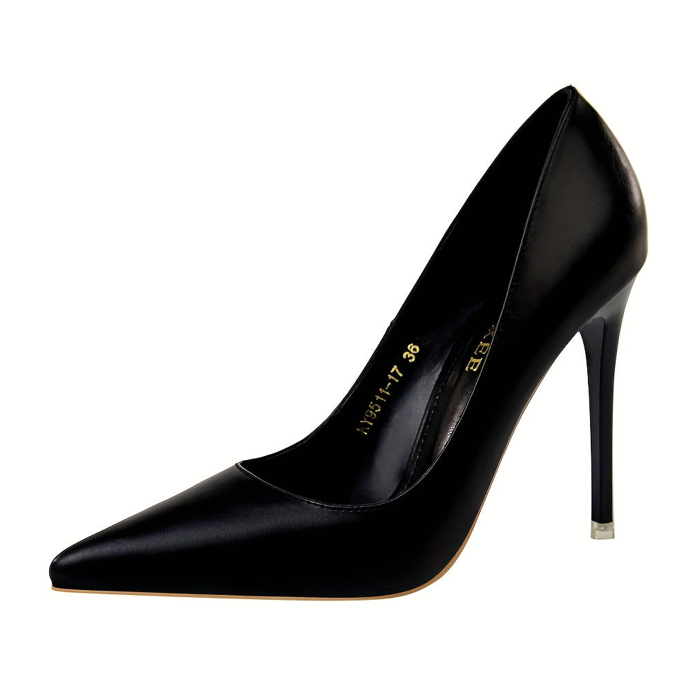 Women's elegant stiletto heels in solid color with point toe, slip-on design for parties.