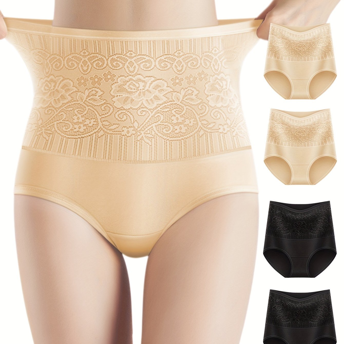 4 Elegant High Waisted Shapewear Panties for Women, Tummy Control with Butt Lifting Floral Design