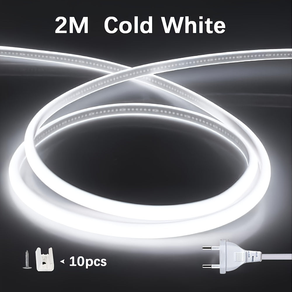 Flexible COB LED Strip Roll, 220V 12W/M High Brightness, Various Lengths, Energy Saving, Cuttable, Outdoor/Indoor Lighting, 1.2m Power Cord.