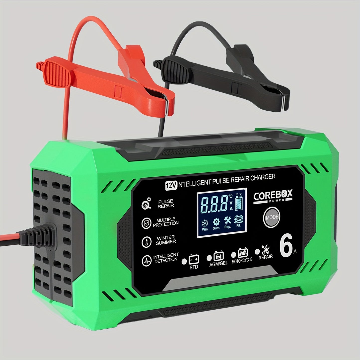 COREBOX 12V 6A Smart Battery Charger with LCD Display - Versatile lead-acid trickle charger for a variety of vehicles with overcharge, short circuit, and polarity protection. Portable and