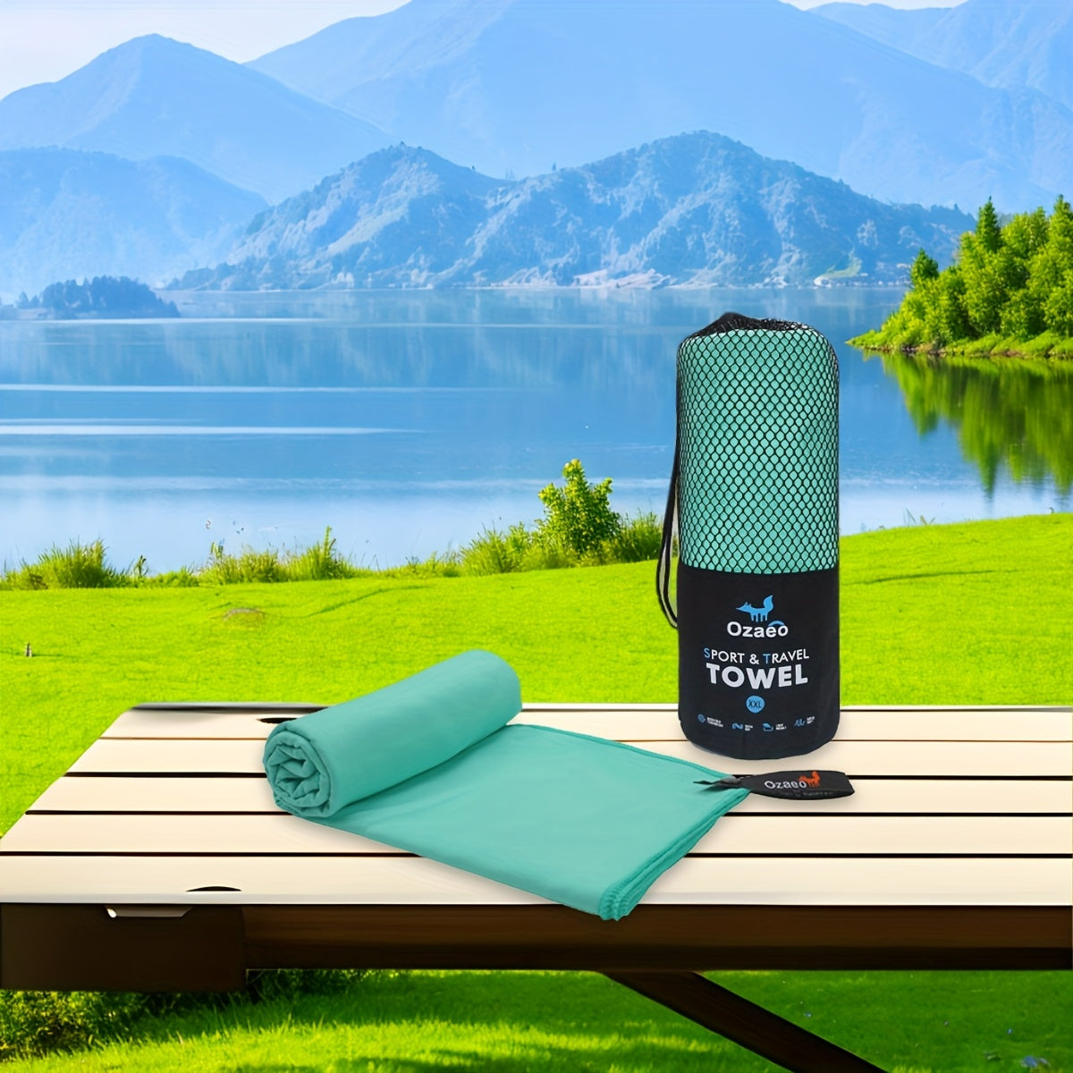 Highly absorbent microfiber travel towel with quick-dry feature, comes in a lightweight mesh bag. Ideal for camping, sports, beach, hiking, yoga, golf, and pickleball.