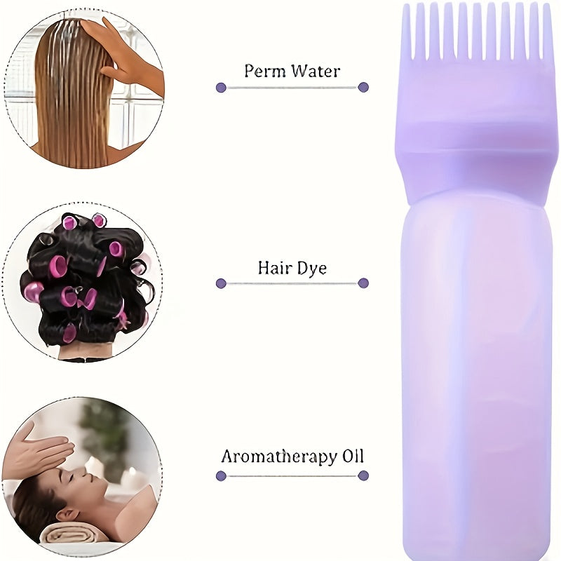 Hair care set includes scalp massage brush, root comb, hair dye bottle, and hair oil bottle. Made for all hair types with ABS plastic and silicone materials. Great for both ordinary and