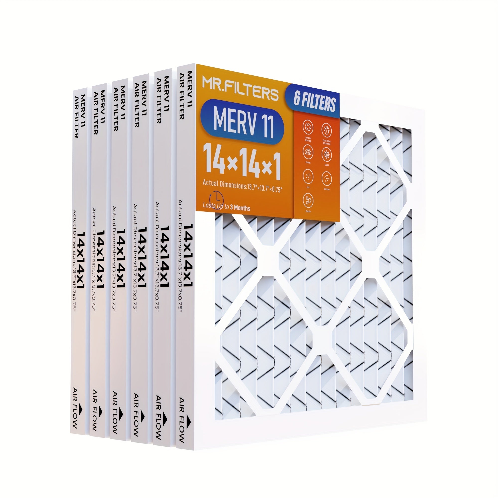 1 set of 6-pack MERV11 14x14x1 Air Filters with a waterproof Kraft cardboard frame, laminated steel mesh, and high pleat count. These pleated HVAC AC furnace air filters are designed for easy replacement and have actual dimensions of 34.8x34.8x1.91 cm.