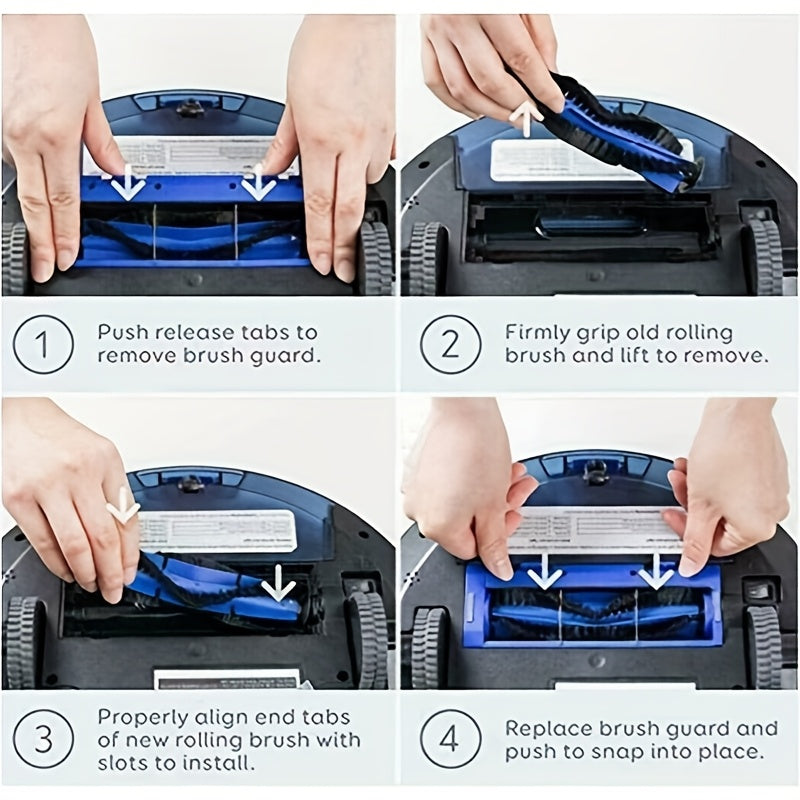 Replacement brush kit for Eufy RoboVac, includes 2 pieces compatible with various models such as 11S, 15T, 30, 30C, 15C, 12, 35C, 11S Max, 15C Max, 30C Max, G20, and G30. Set includes 1 roller brush and 1 main brush, suitable for use on plastic floors