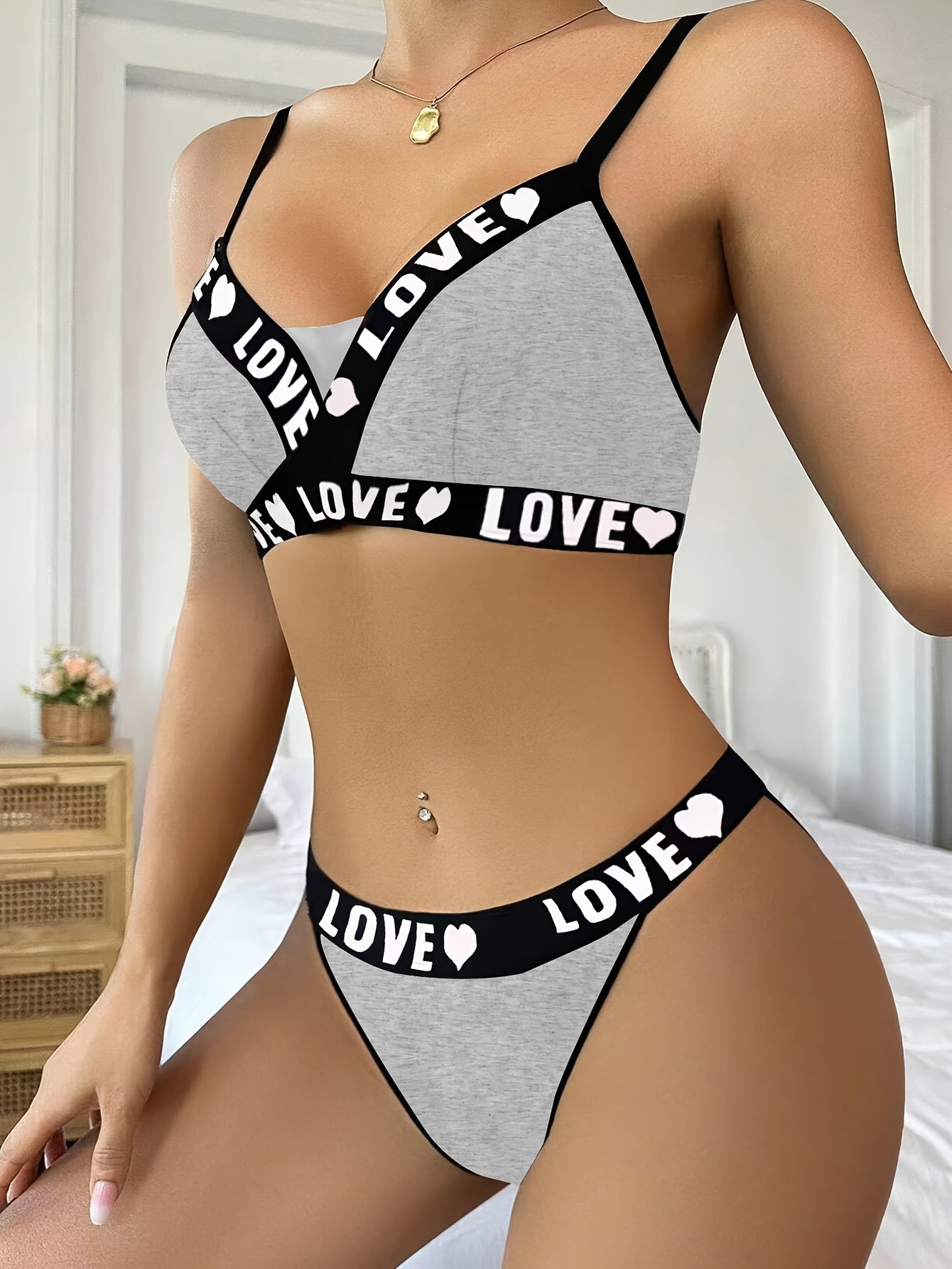 Letter print cami bra and panties set with contrast trim - sexy women's lingerie.