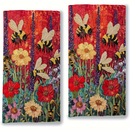 The set includes two kitchen towels with a vibrant design of bees in a flower garden. These ultra-soft towels are highly absorbent and perfect for holiday decorating. They are machine washable and measure 40.64X60.96 cm.