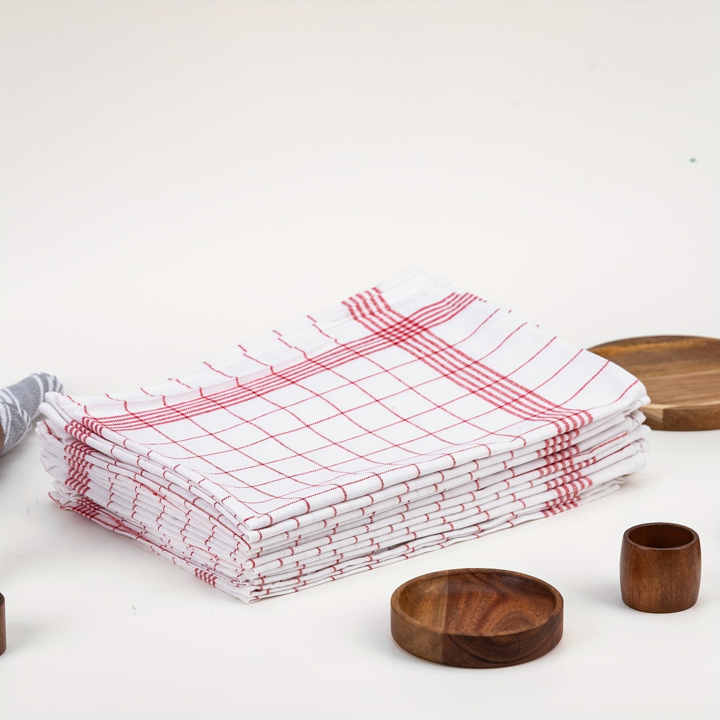 Set of 12 vintage red and white check European kitchen towels, each measuring 62 x 42cm. Heavy, hand hemmed tea towels suitable for all purposes.