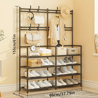 4 to 5 tier coat rack made of carbon steel that can be used for various purposes. It is spacious, measuring 170.18cm, and can be used to organize clothes and shoes. Available in black or white, and is easy to assemble.