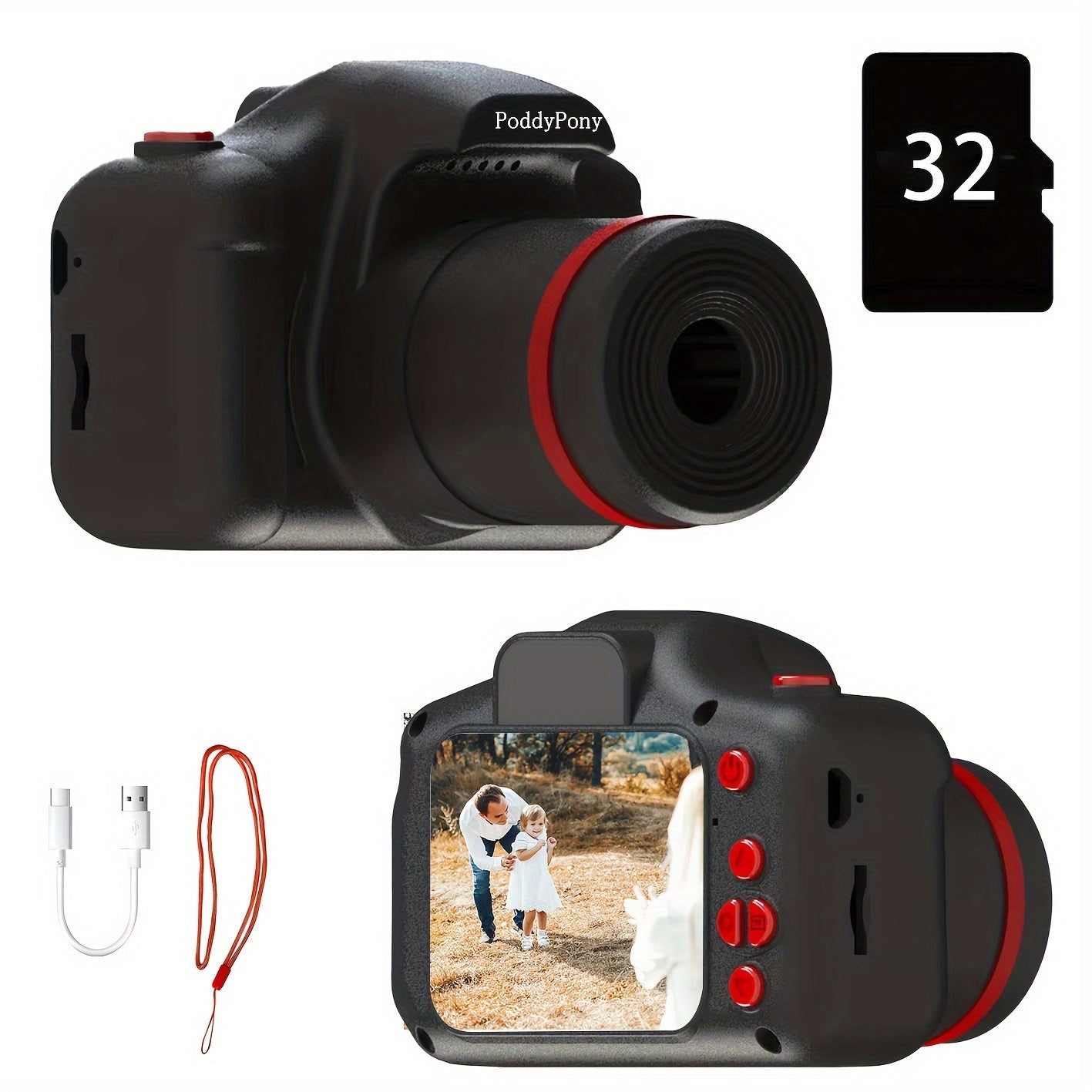 HD kids' camera with long lens - ideal gift for children 3-12, includes 32GB memory card, in pink/purple/blue/black options.