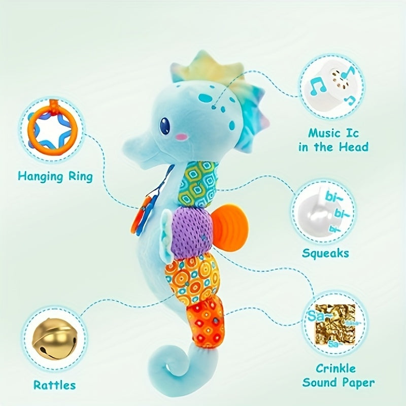 1 piece of WELLFAR Soft Plush Seahorse Toy featuring a Hidden Head Music Box, Hanging Ring, Squeakers, and Crinkle Sound Paper - Made from Polyester Fiber, this Interactive Baby Toy is Perfect for Newborns and makes an Ideal Gift for Birthdays