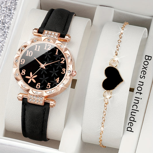 2-piece set includes minimalist flower petal quartz watch and heart chain bracelet. Watch box not included.