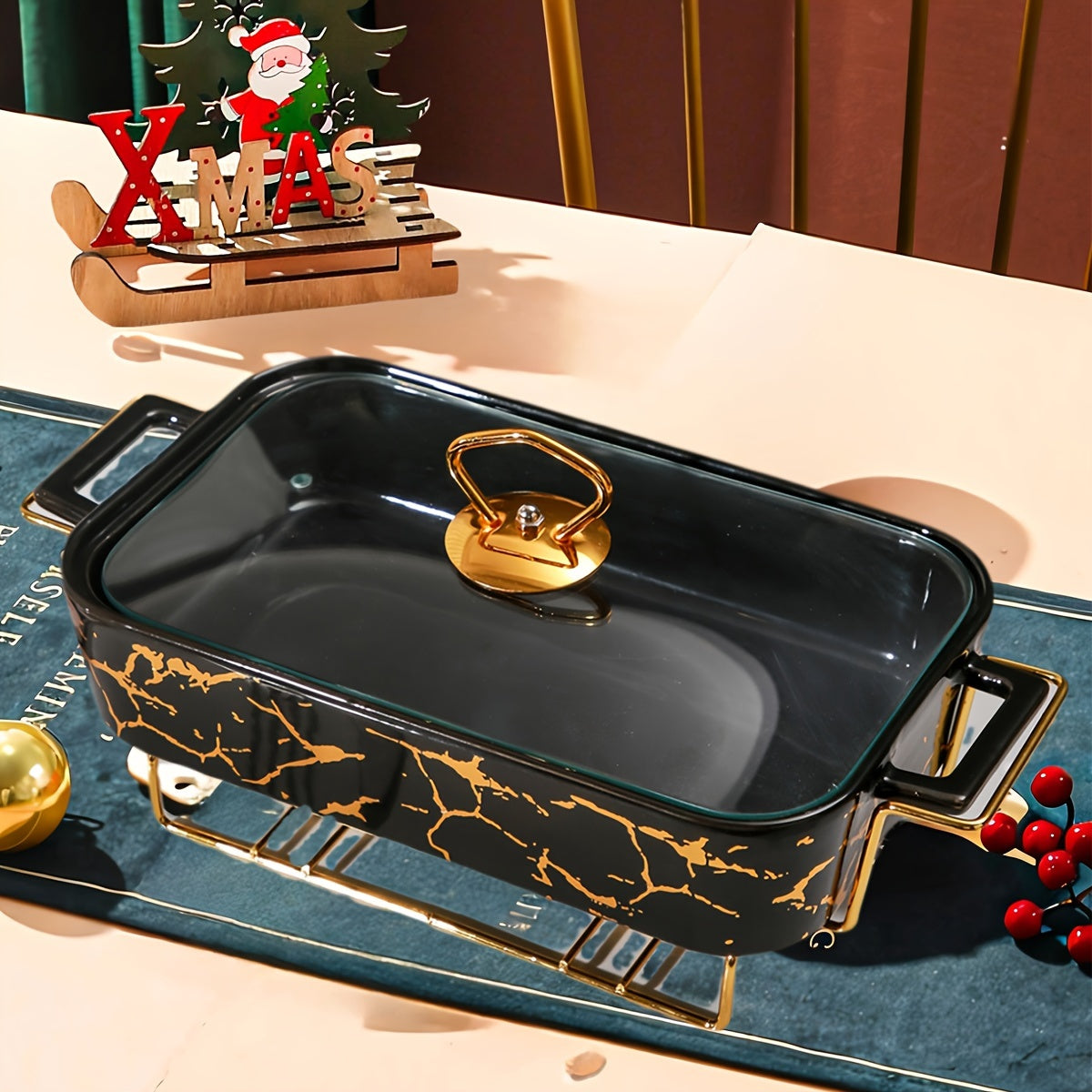 Christmas Ceramic Casserole Dishes Set with Lids, Iron Stand, and Festive Kitchenware for Home Use - Perfect for Holiday Gatherings and Pottery Soup Pots