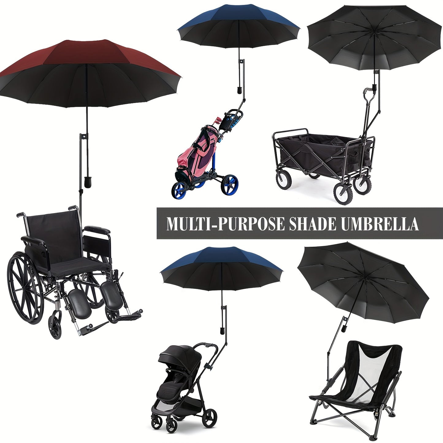 Portable sun umbrella with UPF50+ protection, adjustable clamp, manual open/close, UV-resistant polyester fabric, iron shaft - ideal for beach chair, golf cart, stroller.