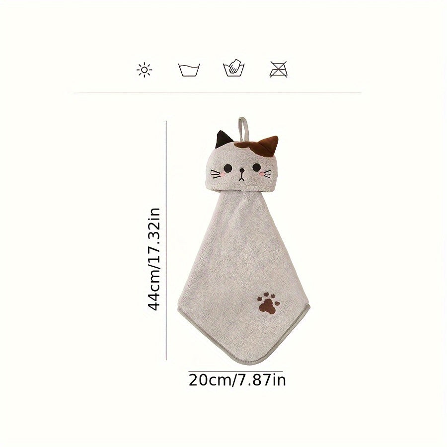 Soft coral fleece cat hand towel, ideal for bathroom or kitchen use, hand wash only, 44cm x 20cm dimensions.