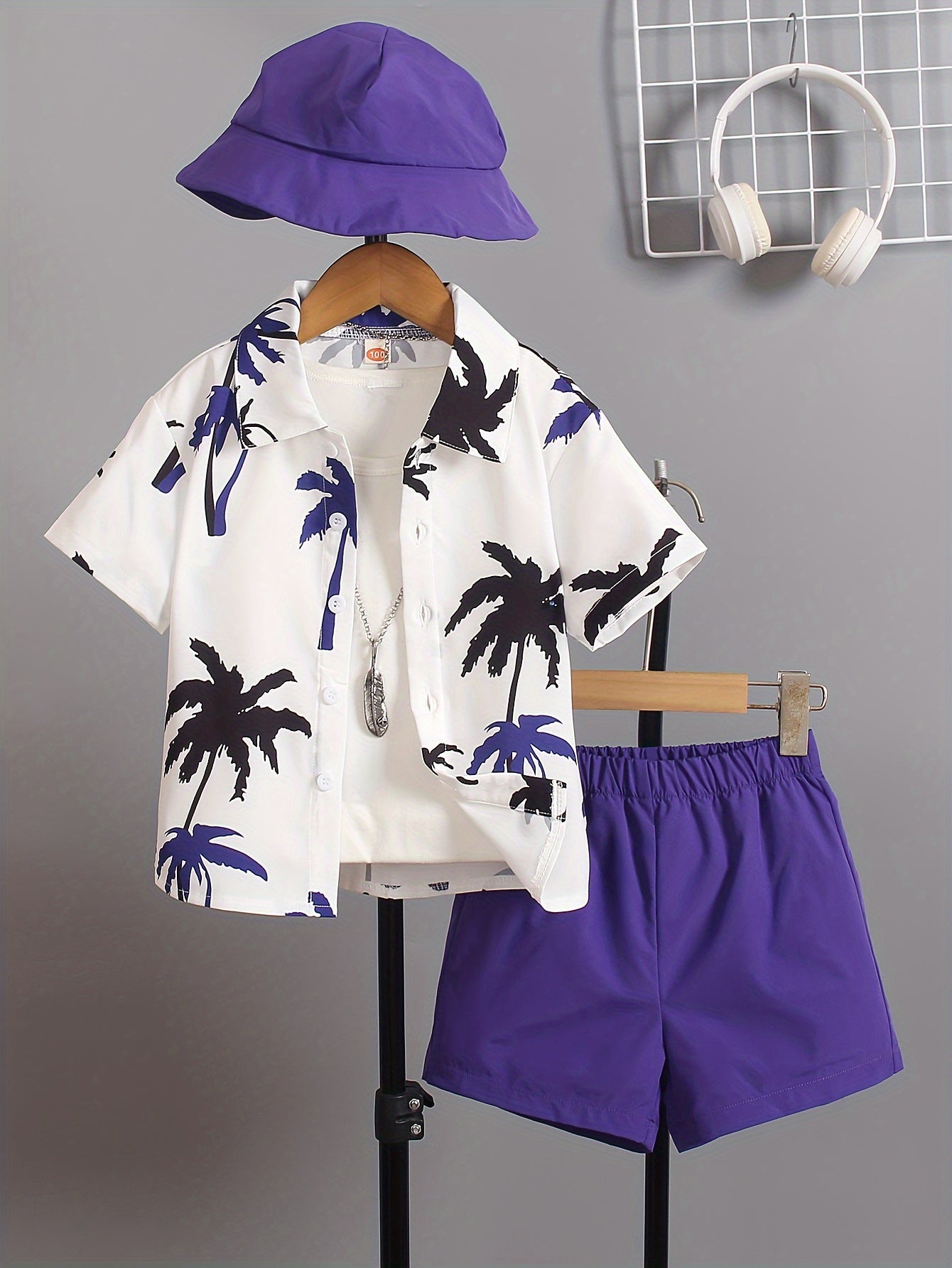 Boys' summer set with coconut tree design shirt, shorts, and hat for daily and outdoor wear