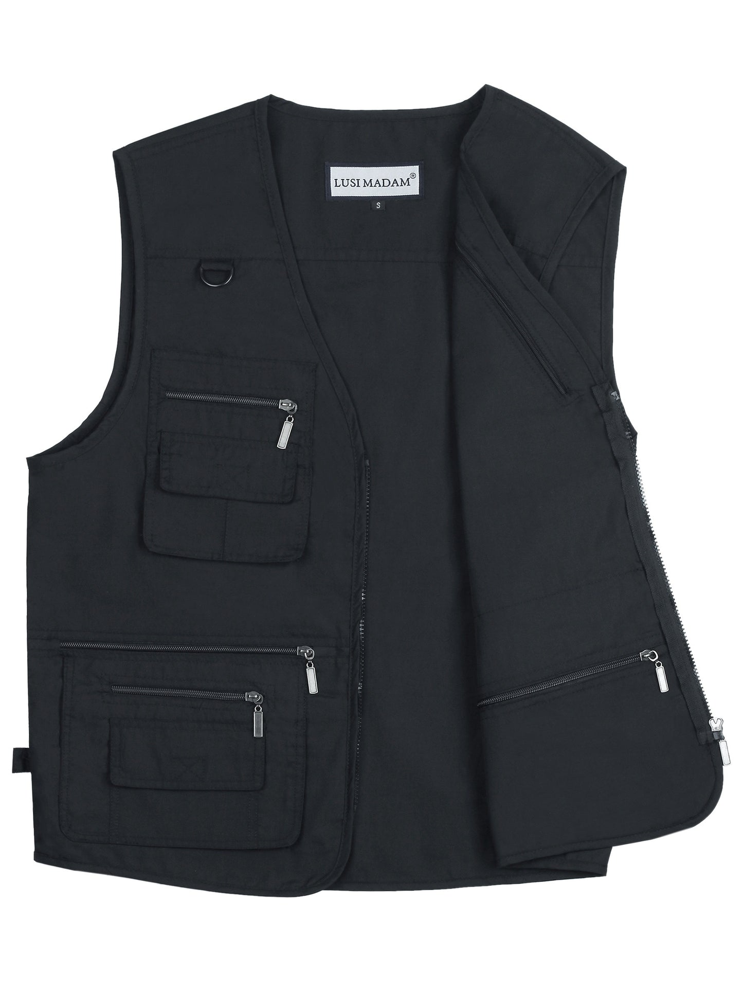 Black polyester blend men's plus size lightweight cargo vest with multiple pockets and zipper for outdoor activities. Perfect for spring/summer, photography, fishing, hunting, and travel.