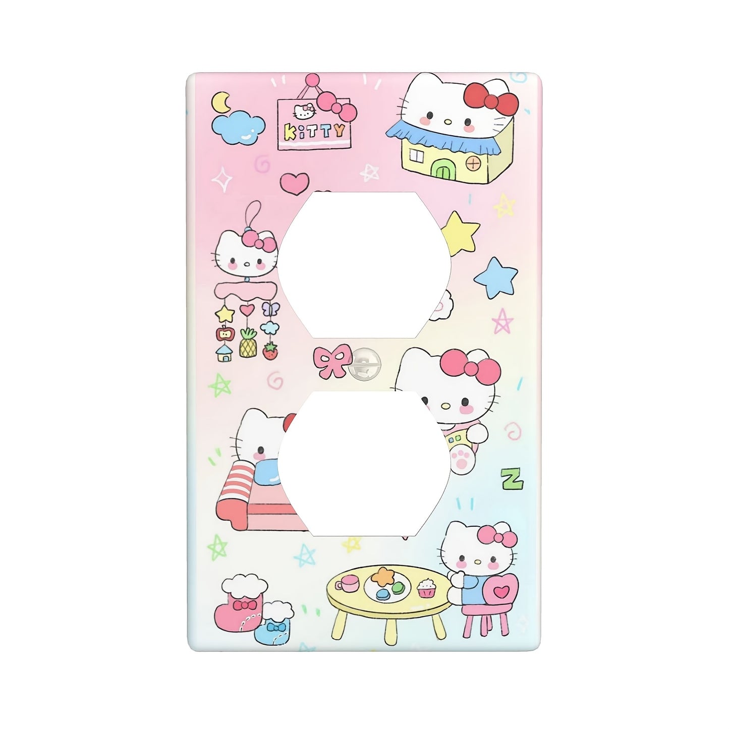 Hello Kitty cartoon dual socket cover, easy to install without wiring, heat-resistant and fade-proof. Decorative wall plate with smooth edges for home improvement. Includes painted screw.