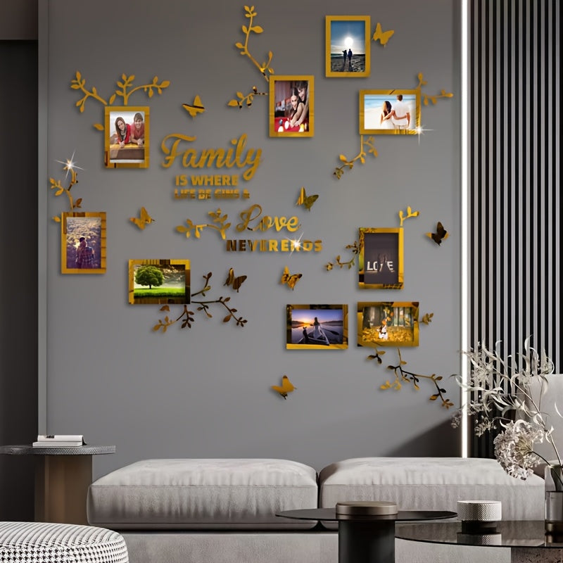 A puzzle sticker set with flower branches, butterflies, and 9 photo frames for DIY wall decoration in various spaces.