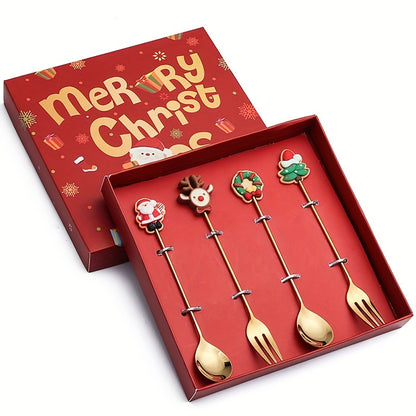 Set of 4/6 Christmas-themed stainless steel coffee spoons and forks in a red or green gift box for stirring beverages and desserts.