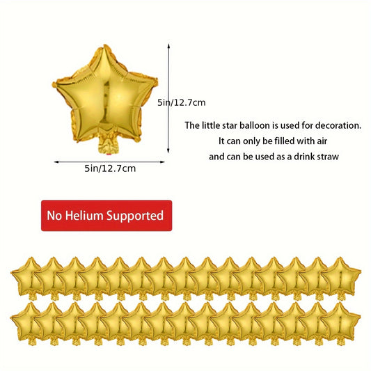 Pack of 50 five-inch aluminum foil star balloons for window and ceiling decoration, in gold and silver colors that do not float away.