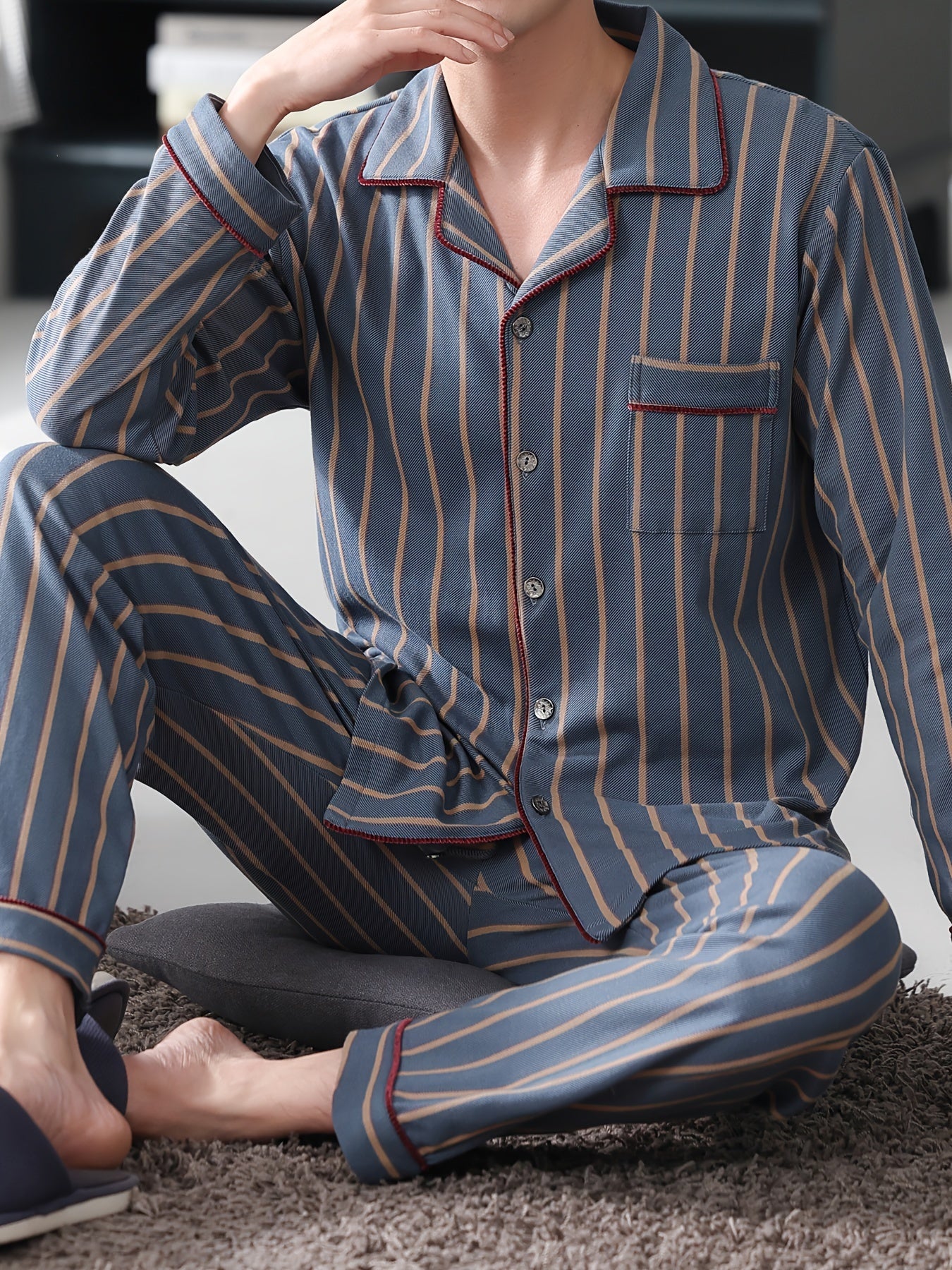 2 Men's Casual Striped Cotton Pajama Sets with Long Sleeve Lapel Shirt and Elastic Waist Pants