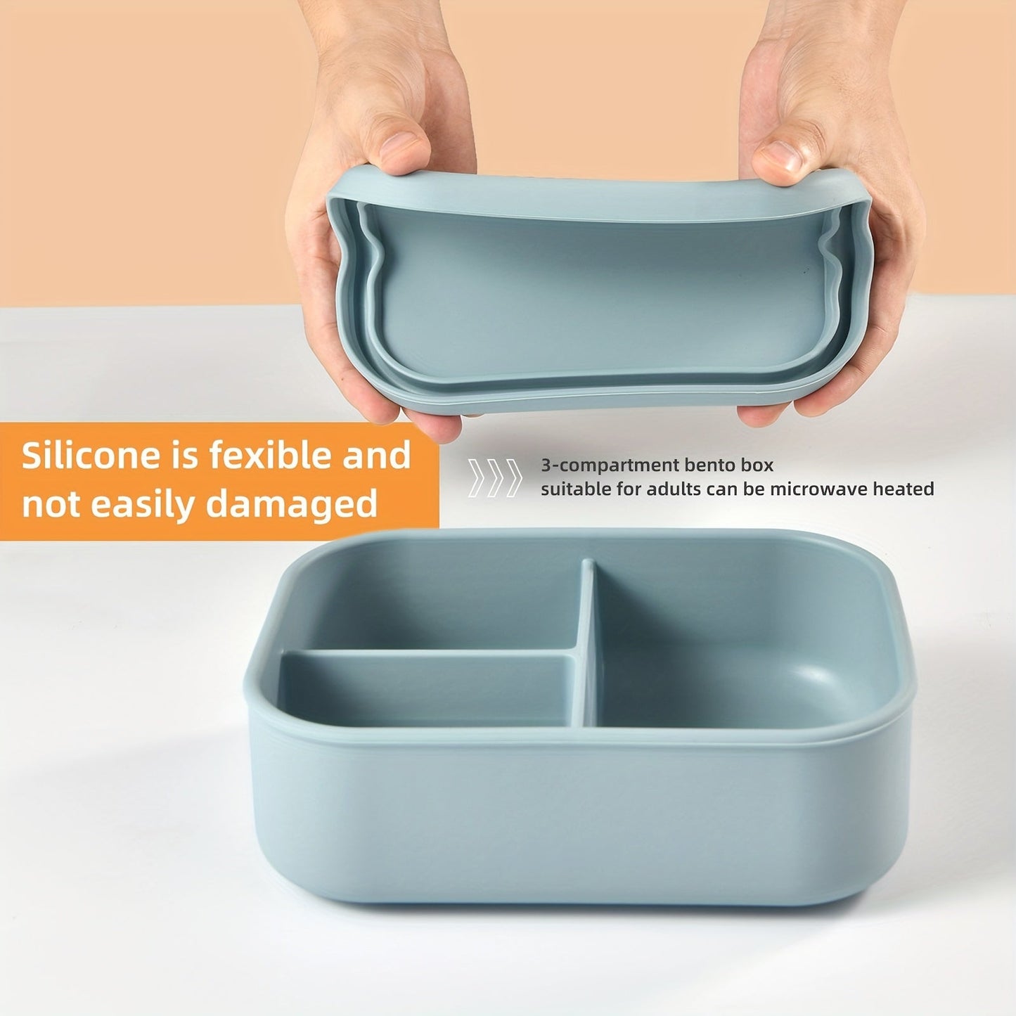 Silicone Lunch Box with Leak Proof Bento Box Design, 3 Compartments Food Container, Microwave Safe for School Students, Office Workers, and Travelers. Ideal Kitchen and Travel Accessories.