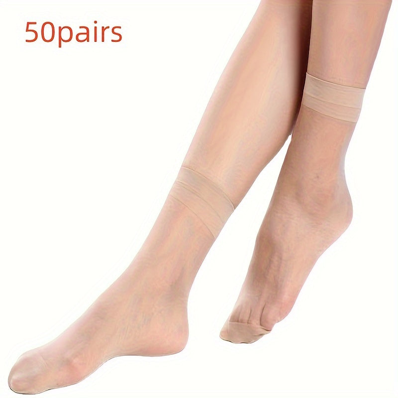 50 pairs of transparent ultrathin summer socks for women made of nylon, with short ankle length and elastic band. These socks are perfect for spring and summer wear.