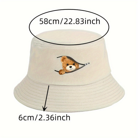 Polyester bucket hat with teddy bear print, ideal for outdoor activities. Made of knitted fabric, hand washable.