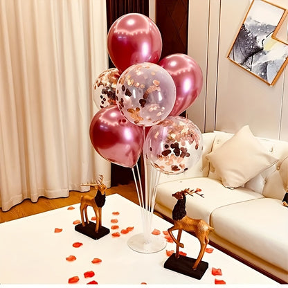 Balloon garland stand kit with 7-head clear balloon column holders, reusable and no electricity needed. Includes base for party decorations, birthdays, weddings, home decor, and event centerpieces. Suitable for ages 14+.