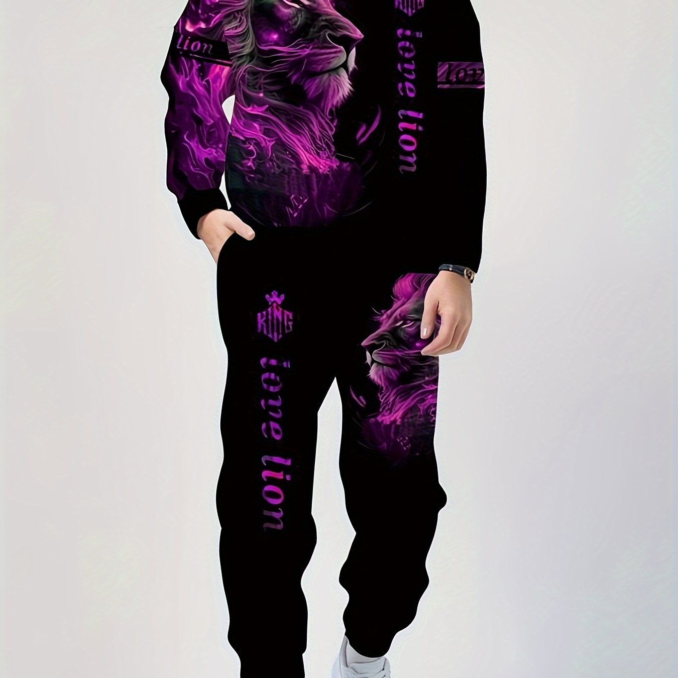 Plus size men's lion print hoodie and sweatpants set for fall/winter.