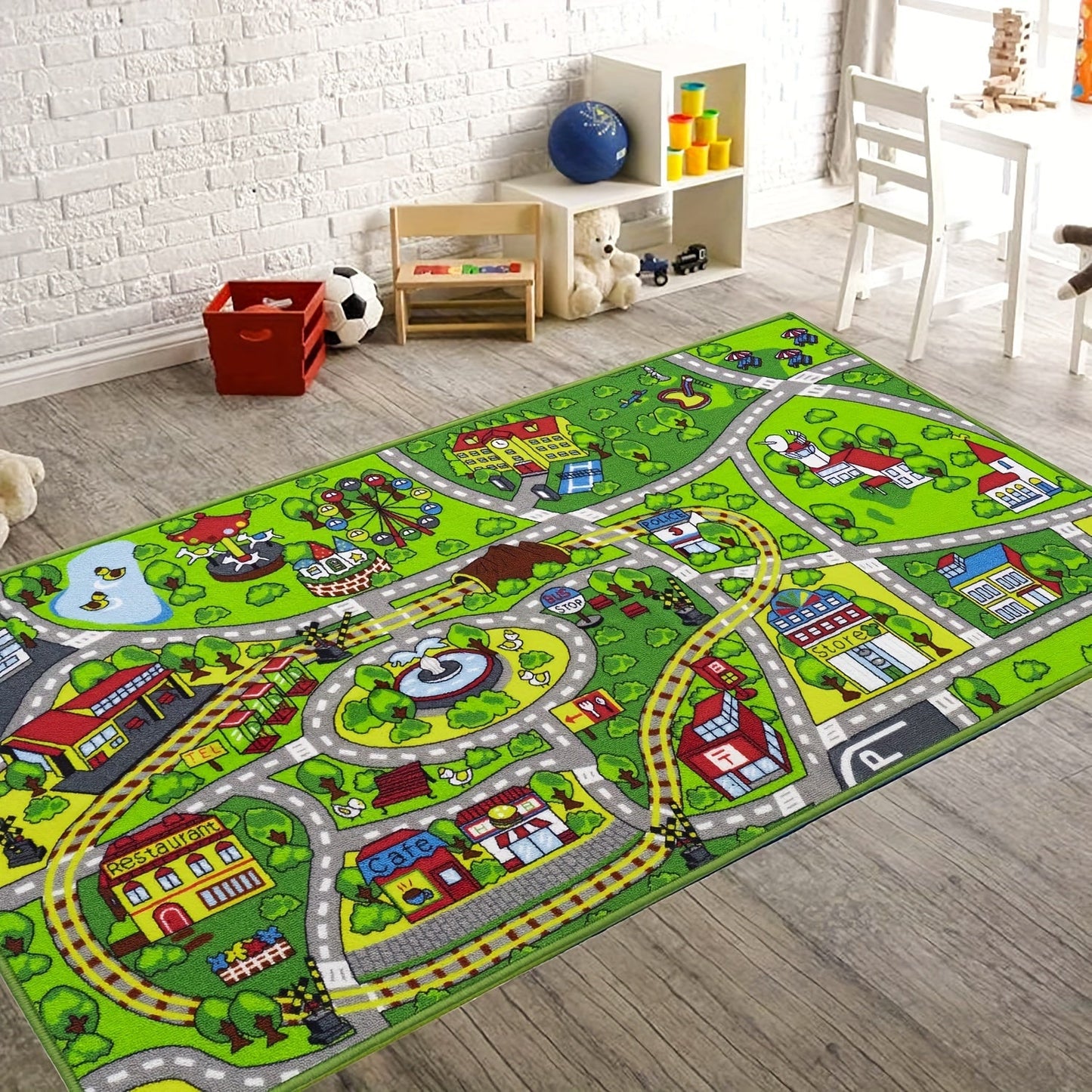 Racing Track Rug, City Train Rug, Road Car Mat, Non-Slip Car Rug, Washable Car Game Mat