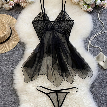 Sheer mesh halter dress with lace details and matching thong for women, sexy peplum pajama set.