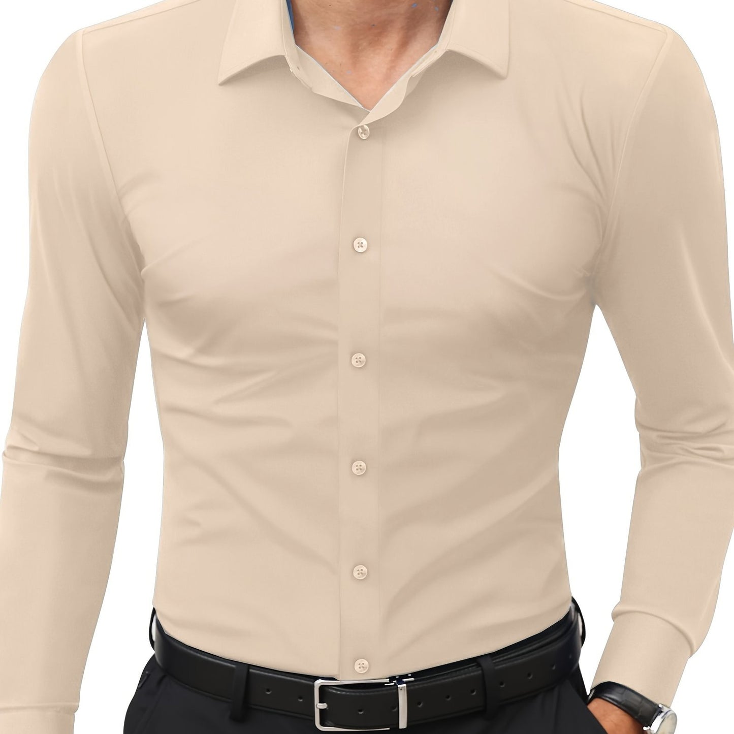 Slim fit long sleeve shirt for men made of 55% cotton, 40% polyester, and 5% spandex. Solid color with lapel collar, button-up closure, and all-season wear. Casual weekend wear, woven