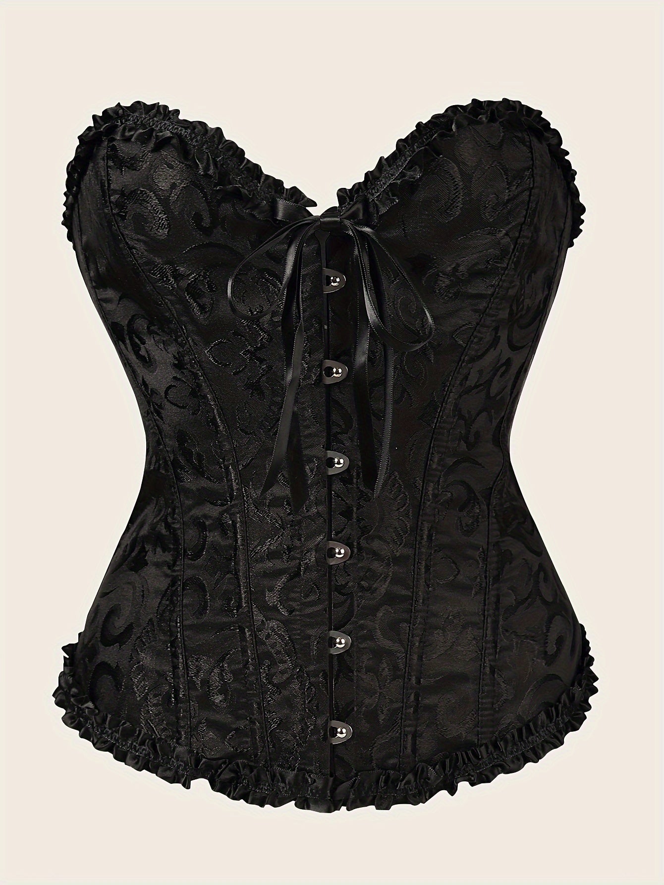 Elegant lace-up corset bustier with court style and ribbon trim.